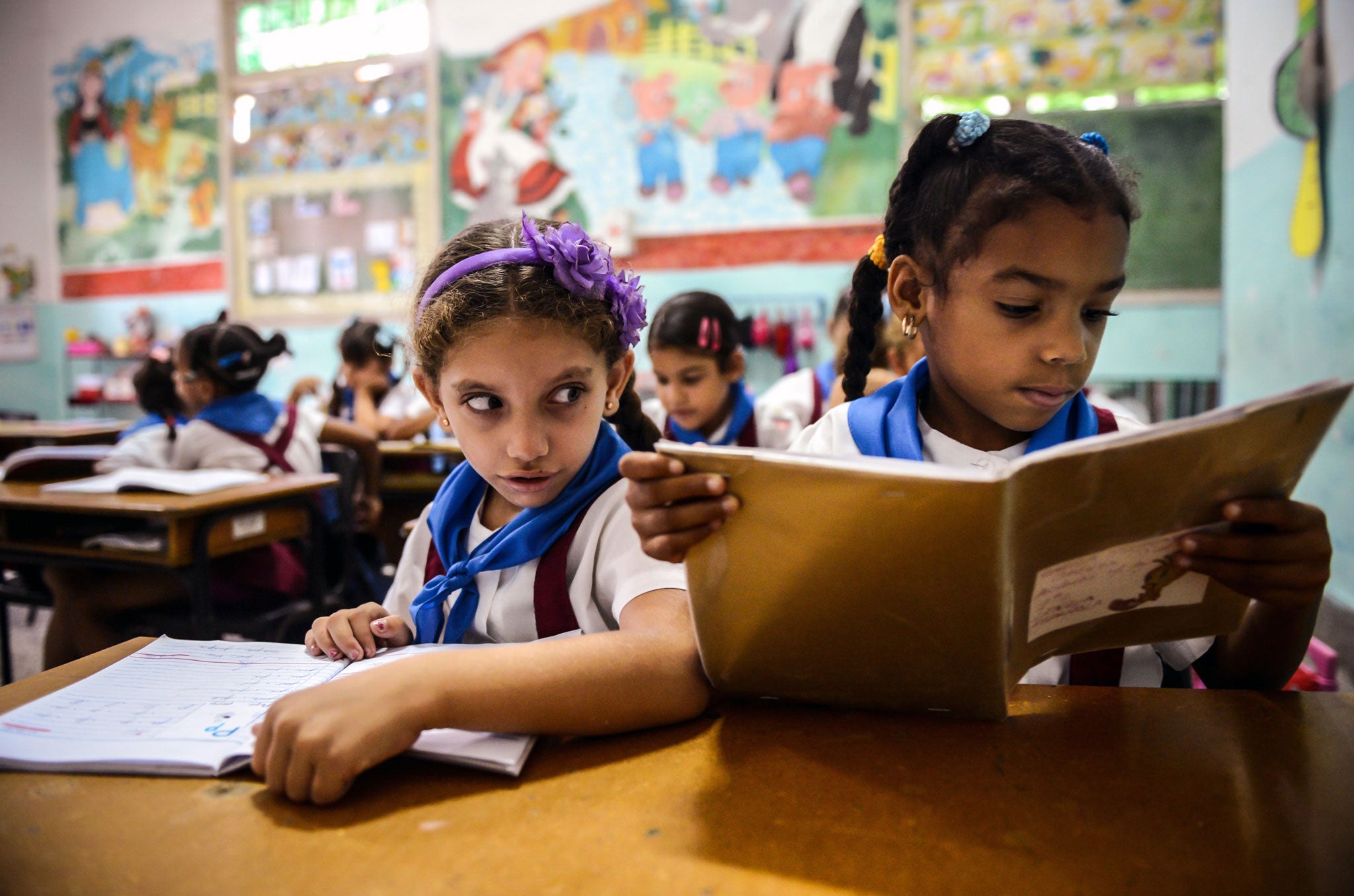 Cuban schoolgirls read during class, on November 13, 2012, in Havana.