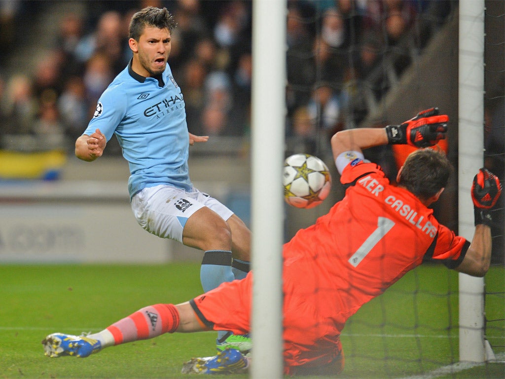 Sergio Aguero is denied by Iker Casillas