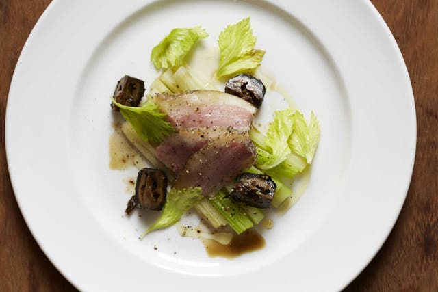Steamed celery with pickled walnuts and Peter's guanciale