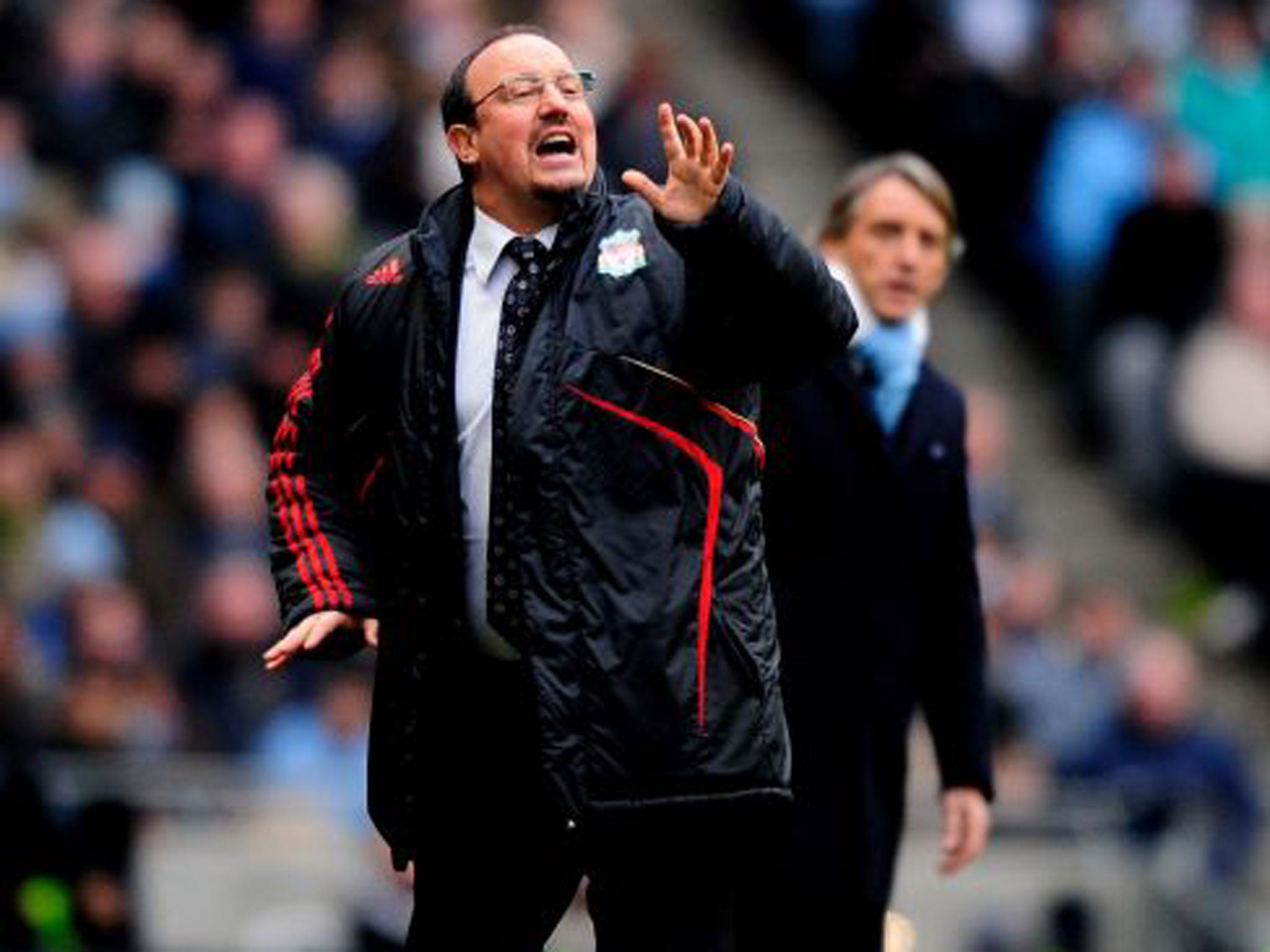 Rafael Benitez shouts instructions from touchline at Liverpool