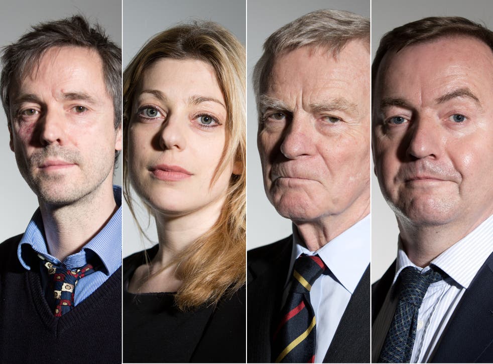 Left to right: Paul McMullan, former tabloid journalist; Charlotte Harris, phone-hacking lawyer; Max Mosley, press regulation campaigner; and Mick Hume, press freedom campaigner