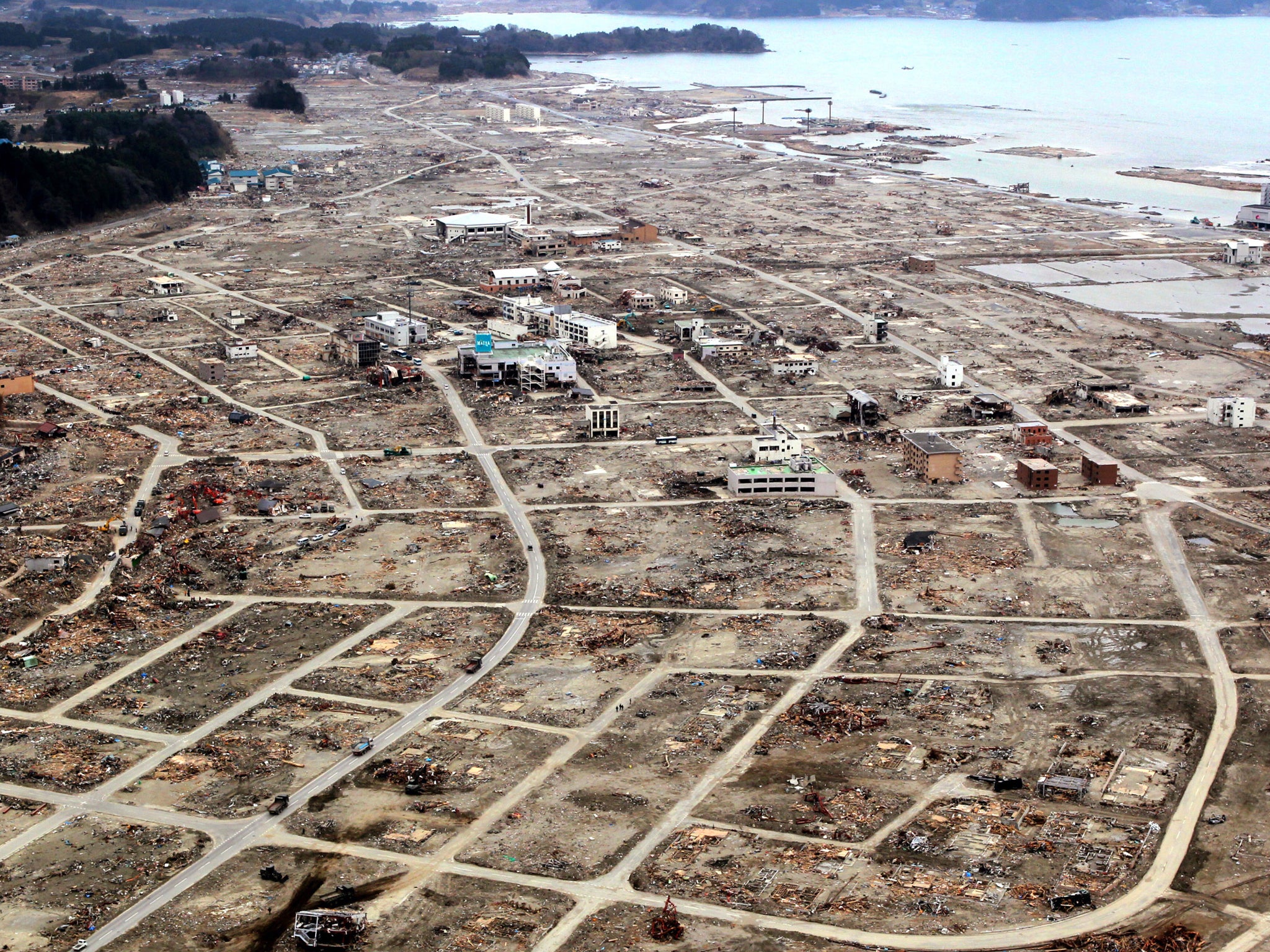 An aerial view of Rikuzentakata City a month after the earthquake