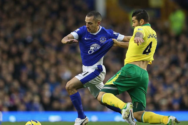 Leon Osman of Everton holds off a challenge from Bradley Johnson of Norwich City