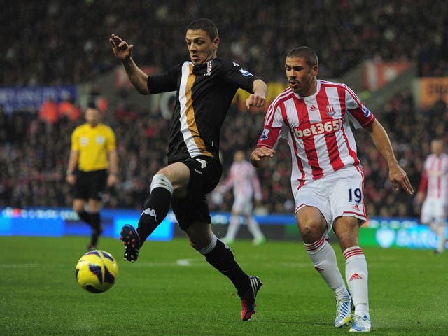 Jonathan Walters of Stoke City battles with Philippe Senderos of Fulham