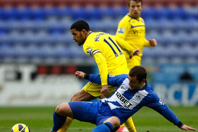 Shaun Maloney (R) of Wigan in action with Jobi McAnuff of Reading
