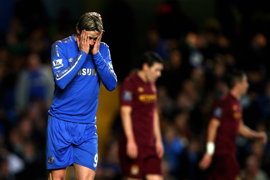 Fernando Torres of Chelsea reacts after a missed shot on goal