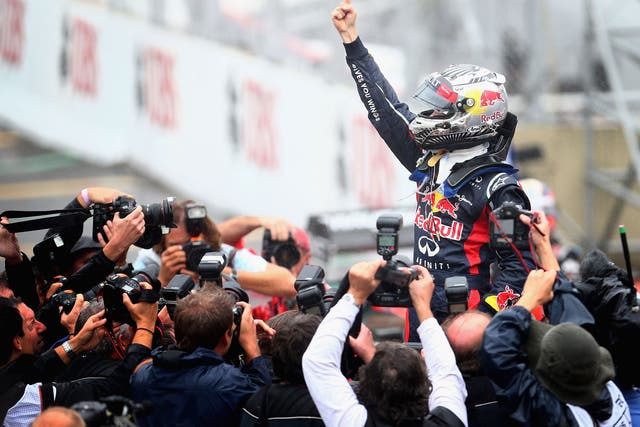 Sebastian Vettel celebrates clinching his third drivers title in Brazil last weekend 