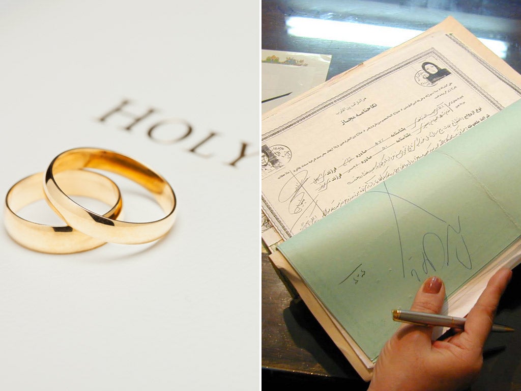 Wedding rings placed on a Bible and a Muslim Marriage certificate