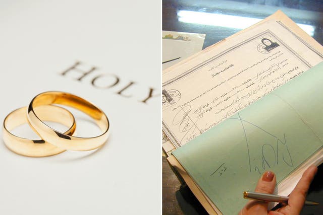 Wedding rings placed on a Bible and a Muslim Marriage certificate