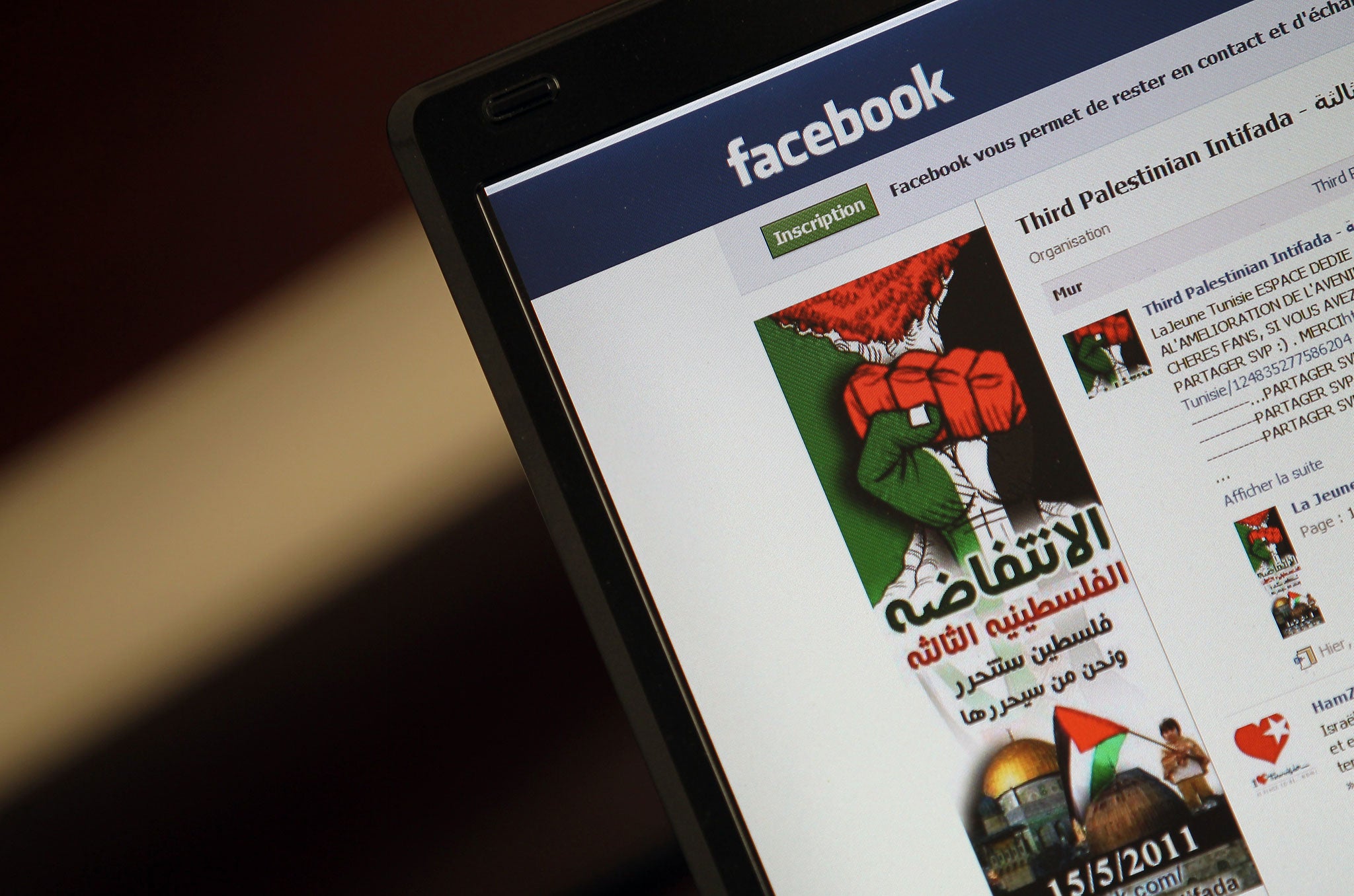 A view of a Facebook page taken in Gaza City, on March 31, 2011. Attempts by Facebook to shut down a 'Third Intifada' page backfired, with over 7,000 Palestinians immediately signing up for three new copycat pages.