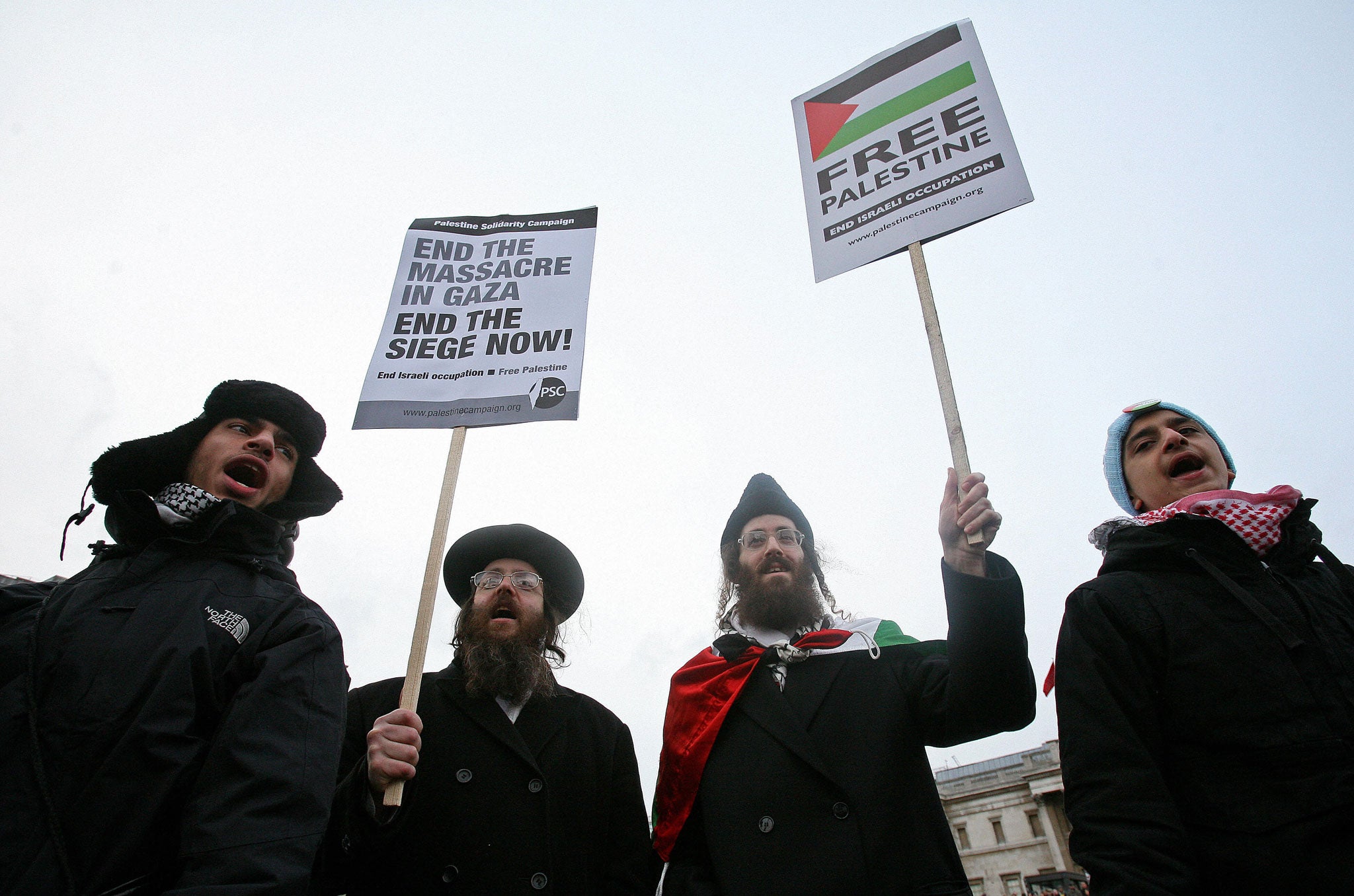 Orthodox Jews (C) protest at a demonstration in Trafalgar Square, London on January 17, 2009. Thousands of protesters calling for Israel to stop its offensive in the Gaza Strip rallied in European cities. In London, some 3,500 people filled Trafalgar Square, police said, for a protest billed as a 'demonstration against Israel's barbarity and war crimes'.