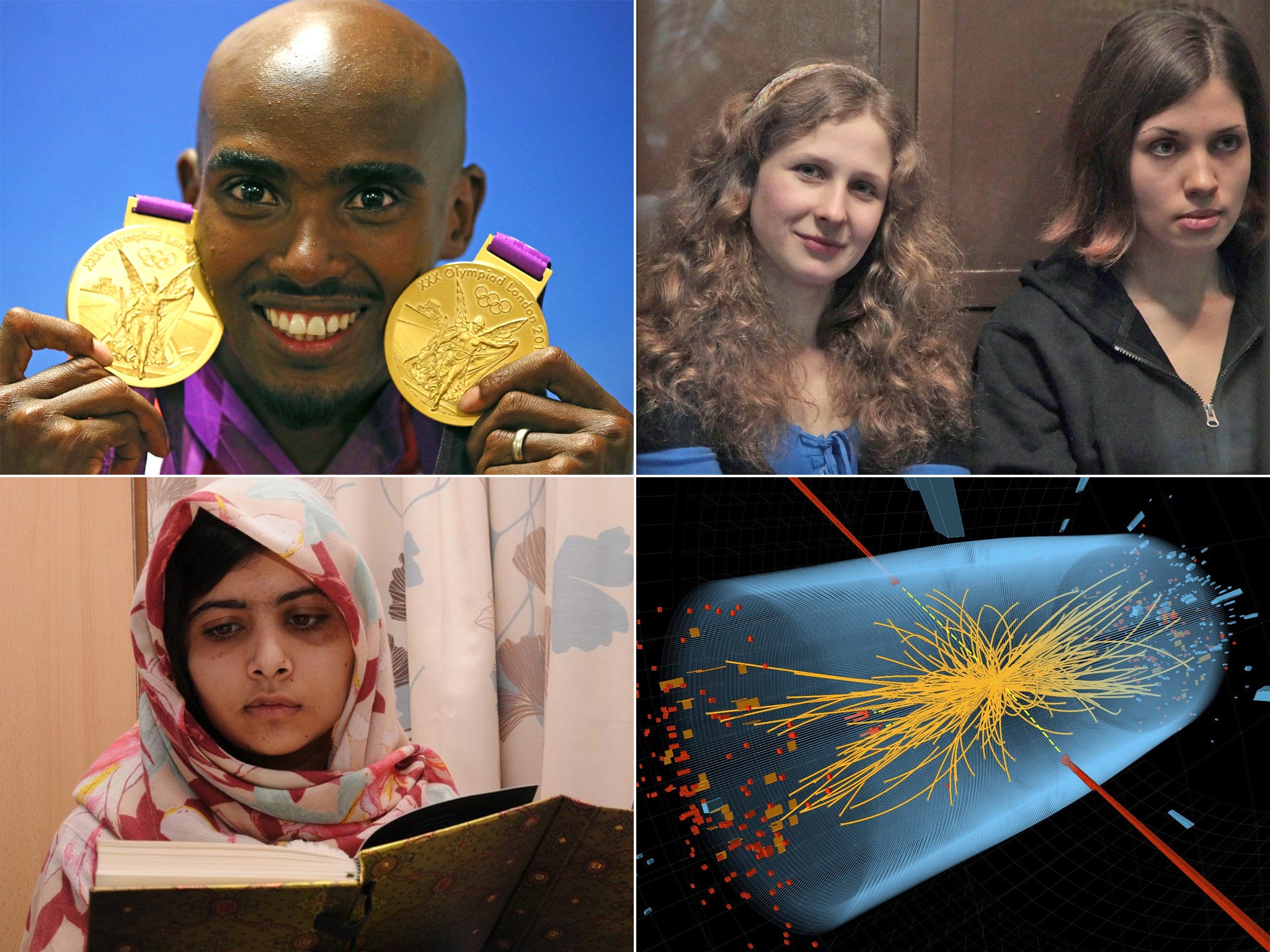 (Clockwise from top left): Mo Farah; Maria Alyokhina and Nadezhda Tolokonnikova of Pussy Riot; a representation of the Higgs boson particle; Malala Yousafzai