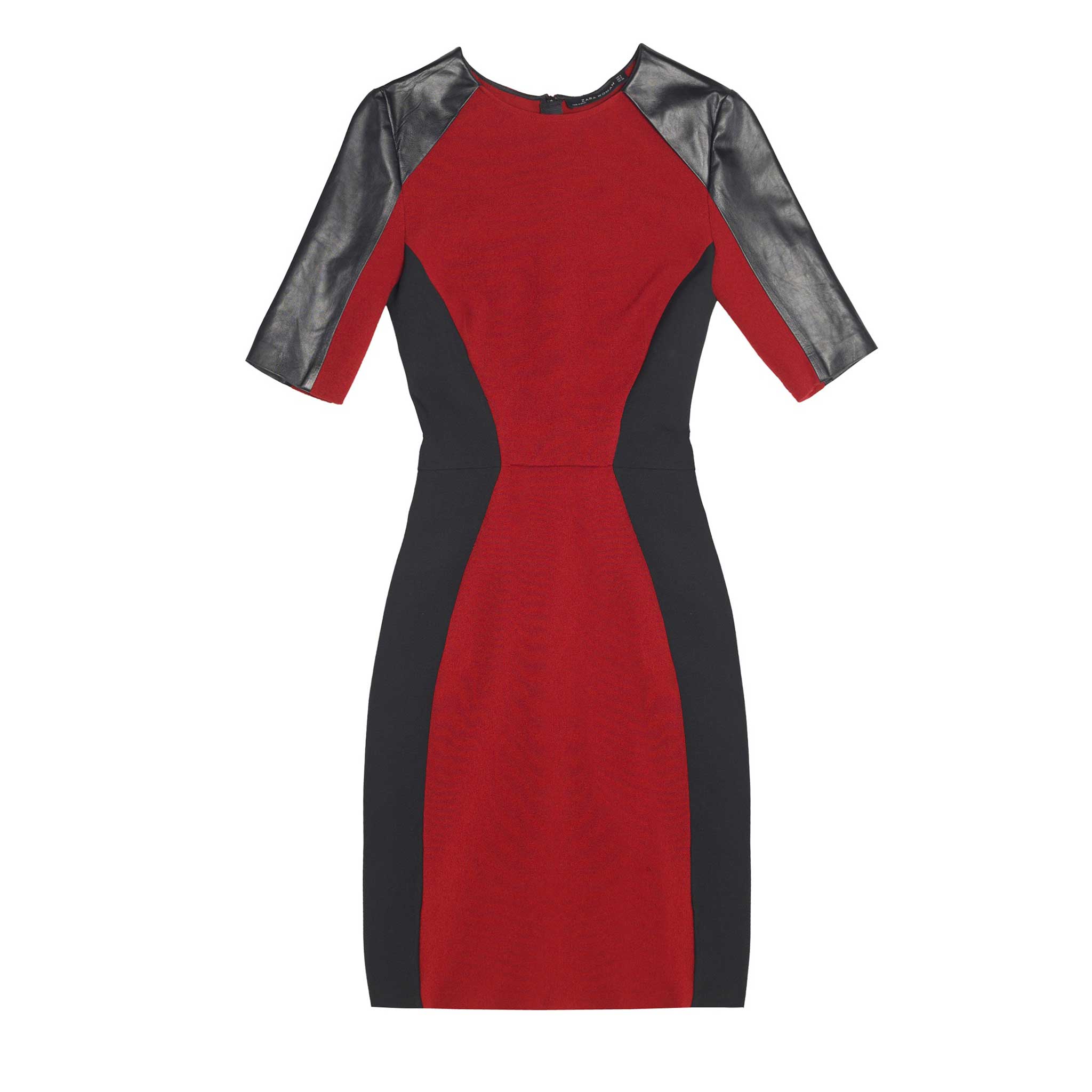 Zara's modern-looking black and red dress with leather sleeves, £69.99, zara.com