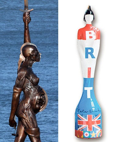 Spot the difference? Damien Hirst's Verity statue in Ilfracombe (left) and Sir Peter Blake's Brit Award statue