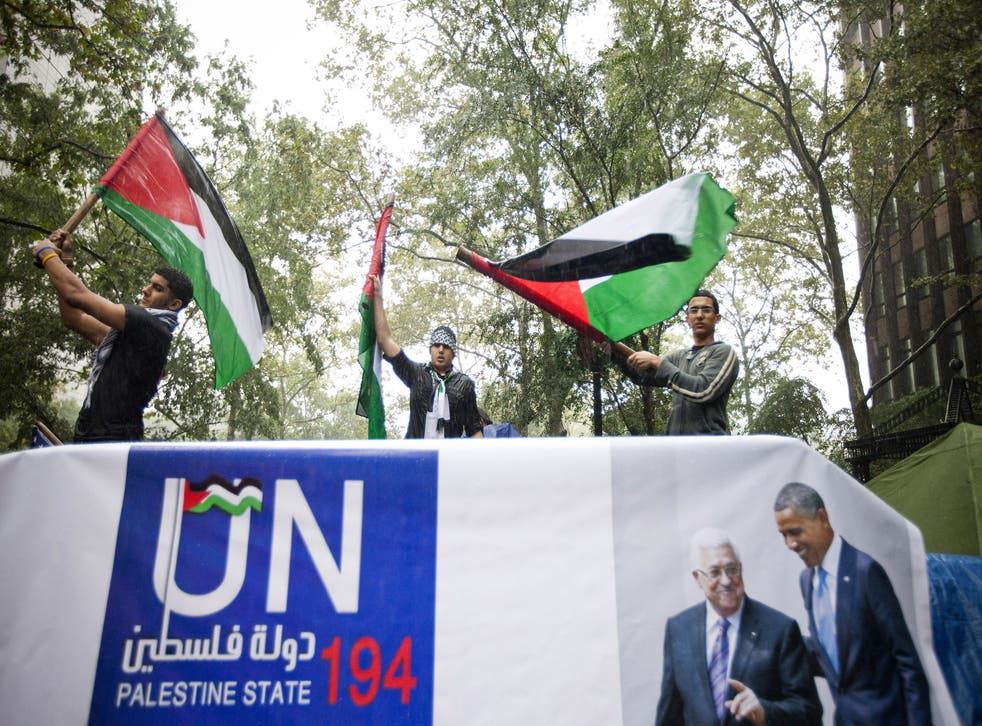 Demonstrators rally in support of Palestine across from the United Nations in Dag Hammarskjold Plaza during the United Nations General Assembly on September 23, 2011 in New York City.