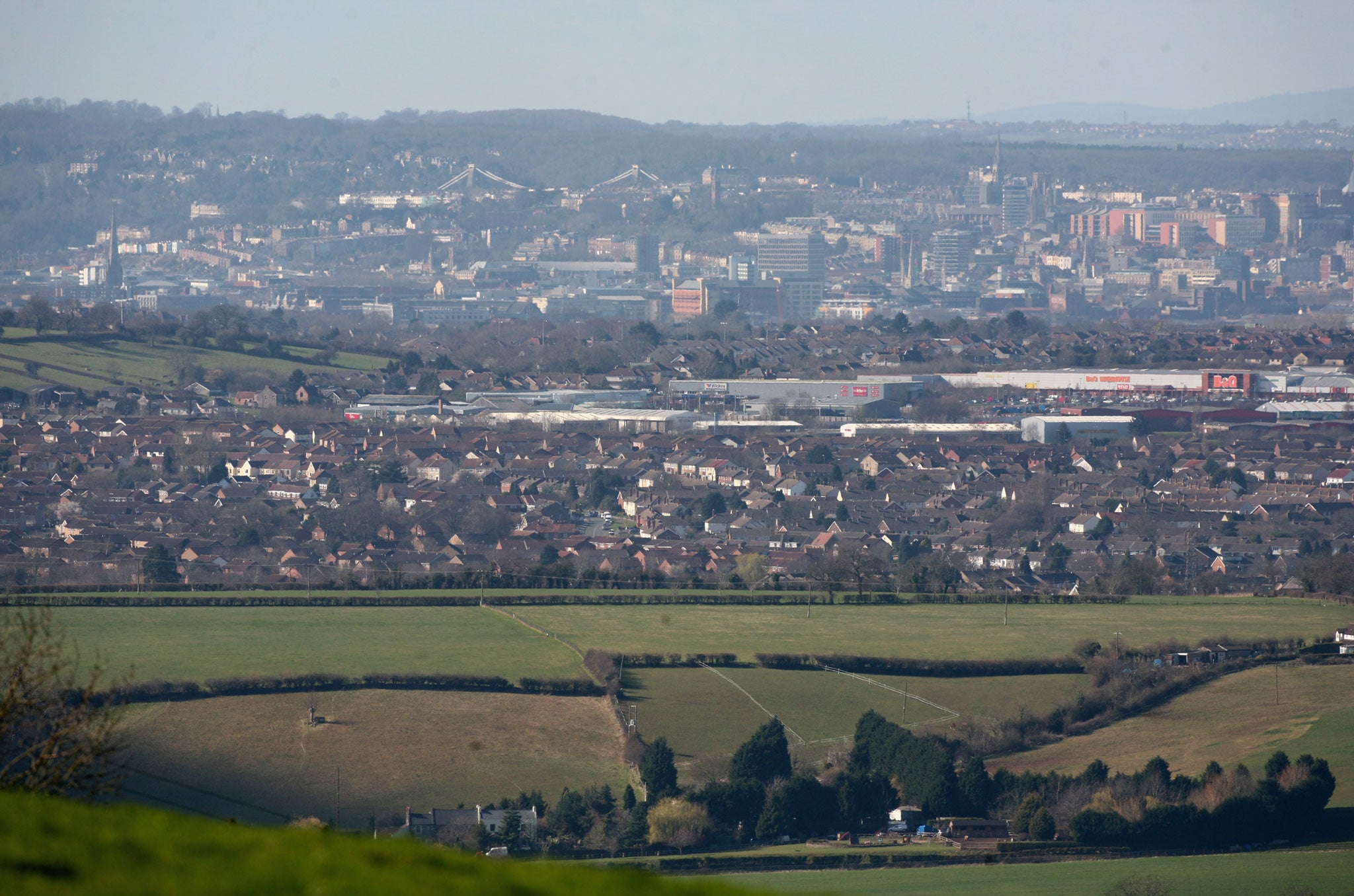 The greenbelt of Bristol can be seen from Lansdown near Bath on March 4 2008 in Somerset, United Kingdom.