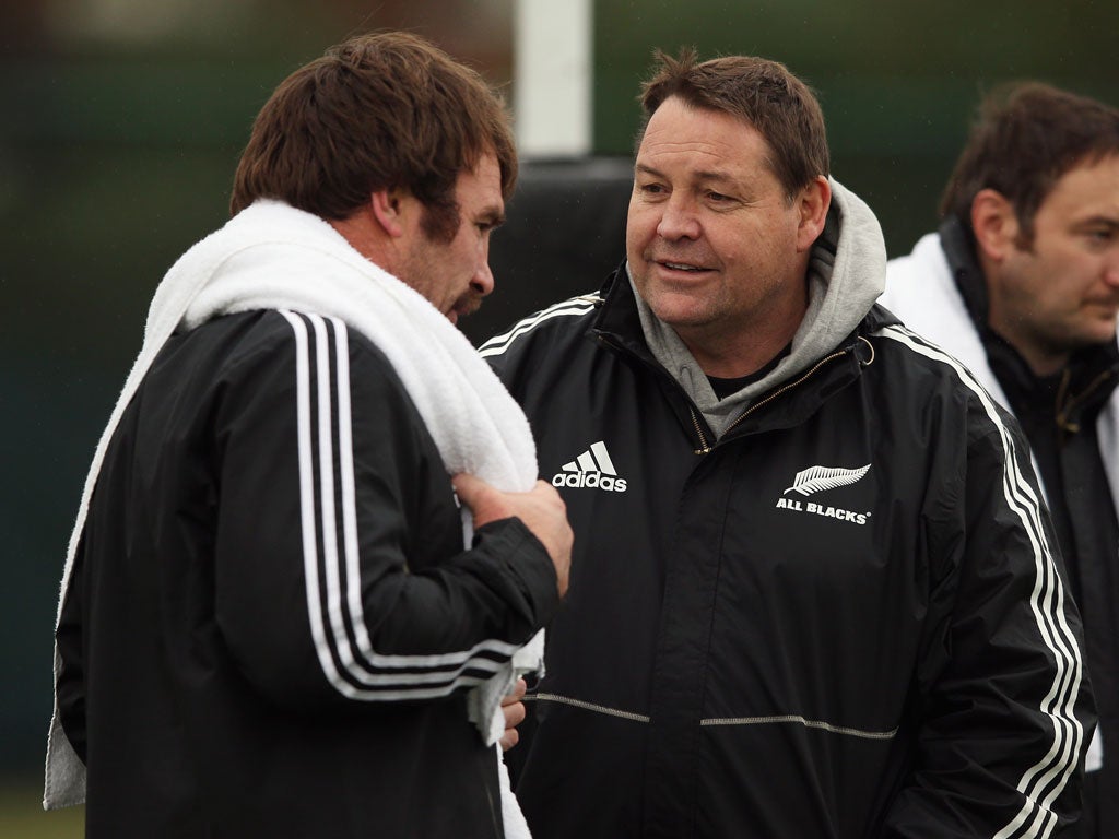 Andrew Hore (left) talks with All Blacks coach Steve Hansen