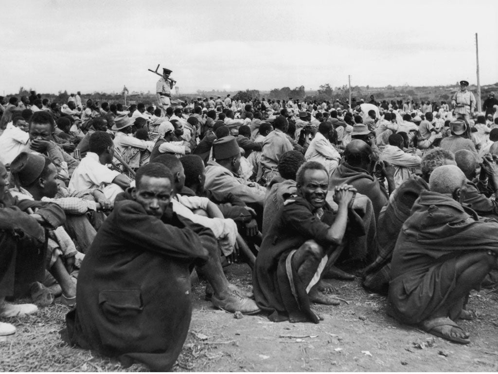 Kenyan Mau Mau suspects in a British detention camp in 1953