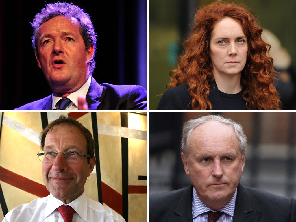 Key figures in the Leveson Inquiry: Piers Morgan; Rebekah Brooks; Richard Desmond; Paul Dacre