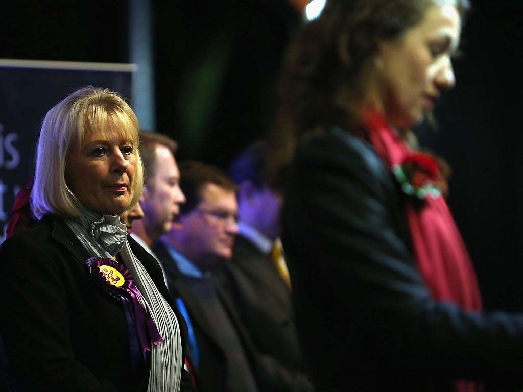 UKIP's Jane Collins (left) looks on as Sarah Champion gives her acceptance speech after winning the 2012 Rotherham by-election