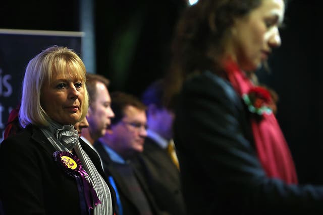 UKIP's Jane Collins (left) looks on as Sarah Champion gives her acceptance speech after winning the 2012 Rotherham by-election