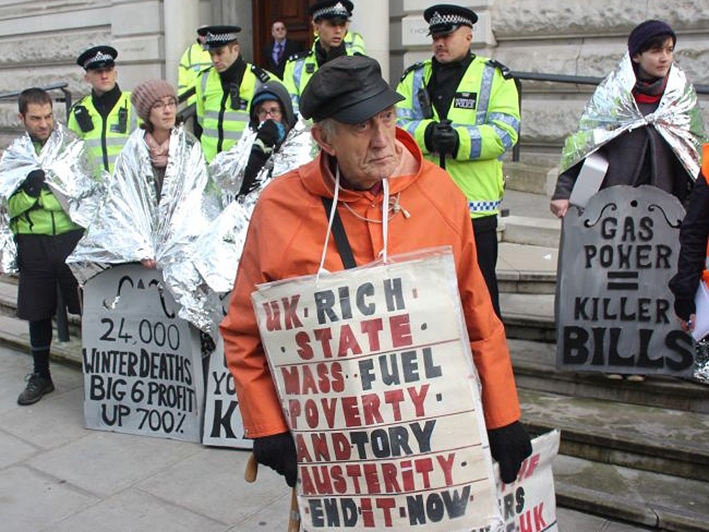 Fuel Poverty Action Group protesters demonstrate at the Treasury
