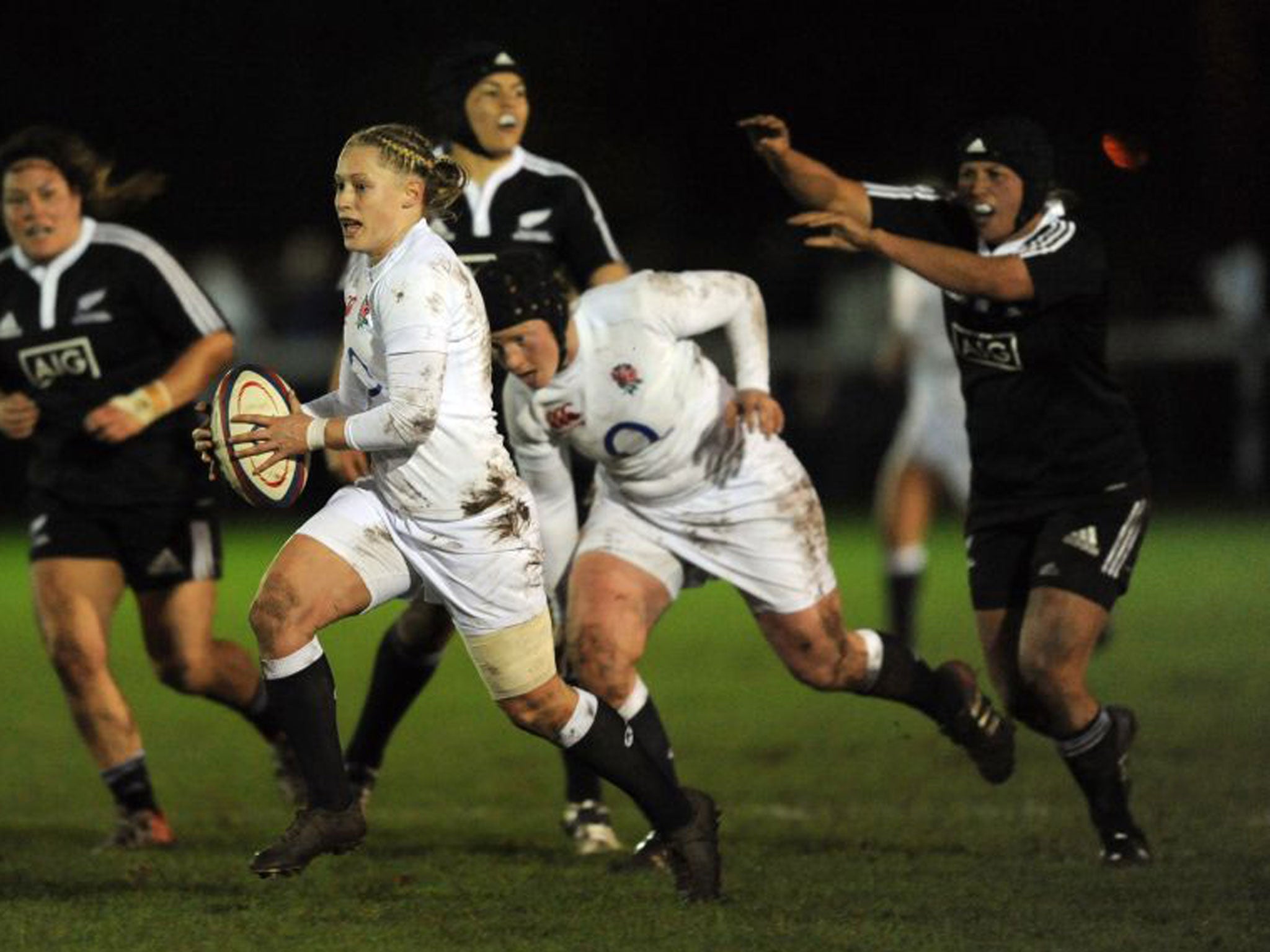 England’s Francesca Matthews charges through the New Zealand women’s defence in the 17-8 victory earlier this week