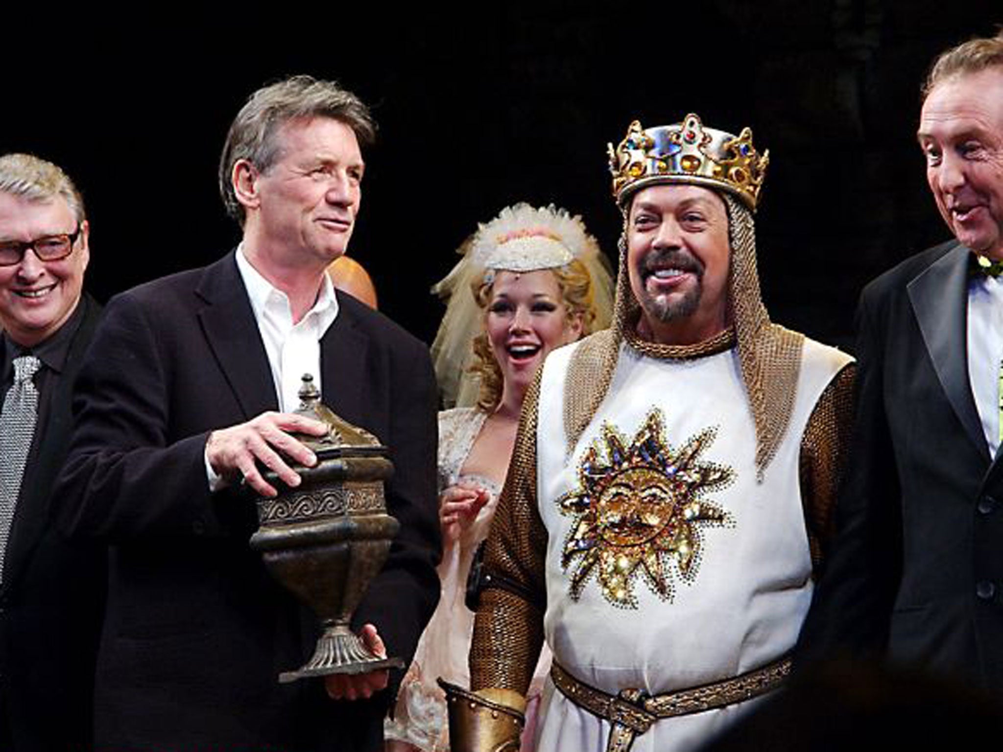 Michael Palin with Tim Curry and Eric Idle at the opening of Spamalot in New York in 2005