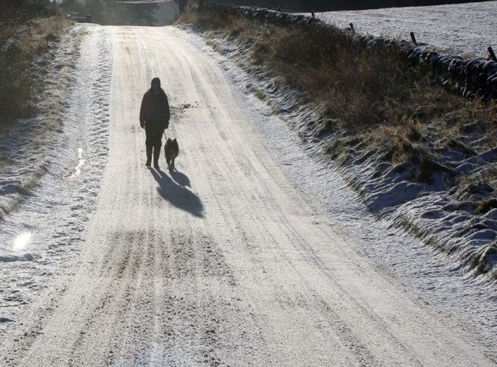 1 December 2012: A dog walker on a snow covered road in the Scottish Borders