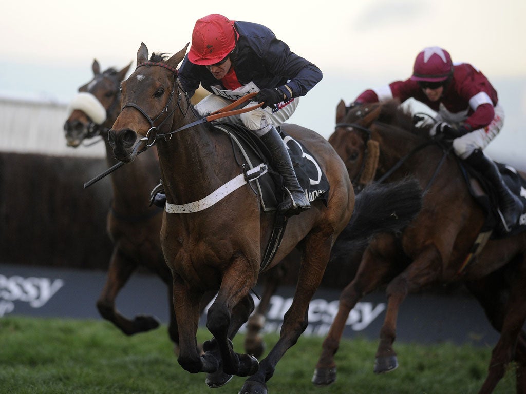 Red hot: Barry Geraghty caps a perfect display by driving Bobs Worth clear to win on testing ground at Newbury