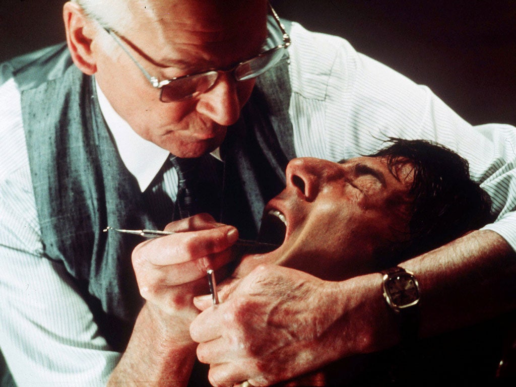 ‘But is it safe?’: Hoffman is tortured by a Nazi dentist, played by Laurence Olivier, in Marathon Man from 1976