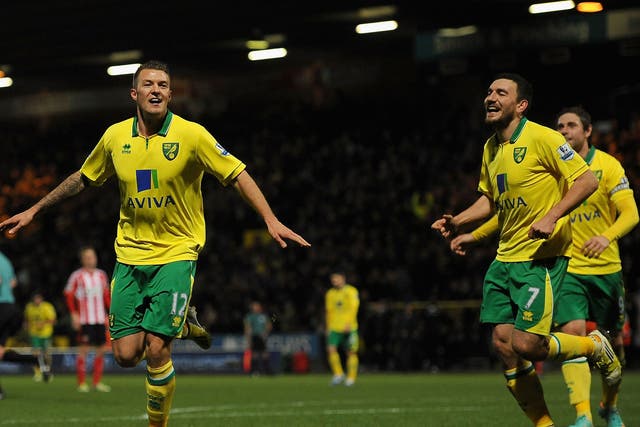 Anthony Pilkington of Norwich celebrates his side's second goal