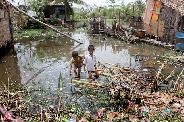 Swamped homes on the outskirts of Rangoon after Cyclone Nargis  in 2008