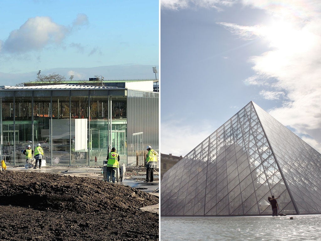 Employees at work on the Louvre-Lens construction site; the famous Louvre museum in Paris