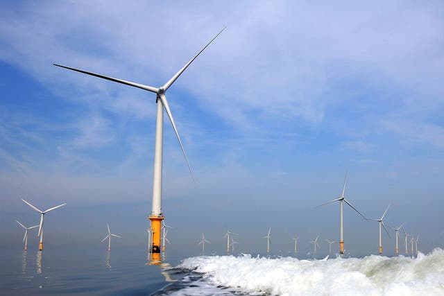 Turbines in a windfarm at the mouth of the River Mersey