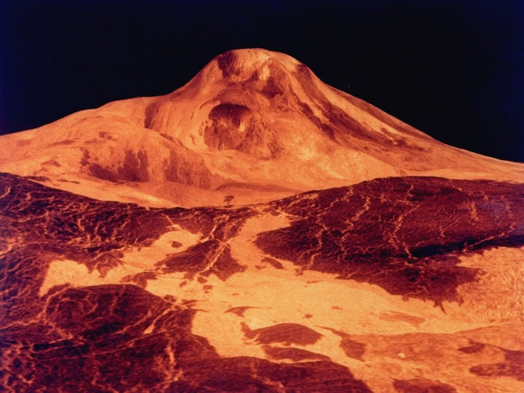 A photograph taken in 1991 of Maat Mons, a 5-mile-high volcano on the surface of Venus. Scientists are debating whether any of the many volcanoes on the planet's surface are still active