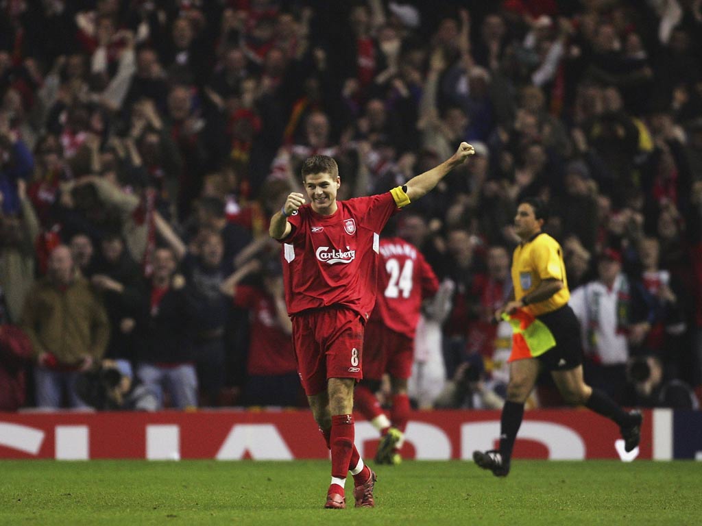 <b>December 2004: Liverpool 3-1 Olympiakos</b><br/>

After Rivaldo's free-kick had put the Greek side ahead at Anfield, Rafael Benitez's men needed three goals to go through. The Reds boss brought on Florent Sinama-Pongolle at half-time in place of Djimi Traore, and the young French striker scored within two minutes of being on the field to level the scores. Neil Mellor found the hosts' second goal, three minutes after coming on for Milan Baros, before teeing up captain Steven Gerrard to complete the miraculous turnaround, four minutes from time.
<br/>
Benitez's men went on to the final in Istanbul where they met Milan. Gerrard was again the catalyst for a remarkable win, as Liverpool captured their fifth European Cup title with a famous shoot-out victory.
<br/>
<a target="_blank" href="http://www.youtube.com/watch?v=kM5XP-Ps7tk" target="new">Click here to watch</a>