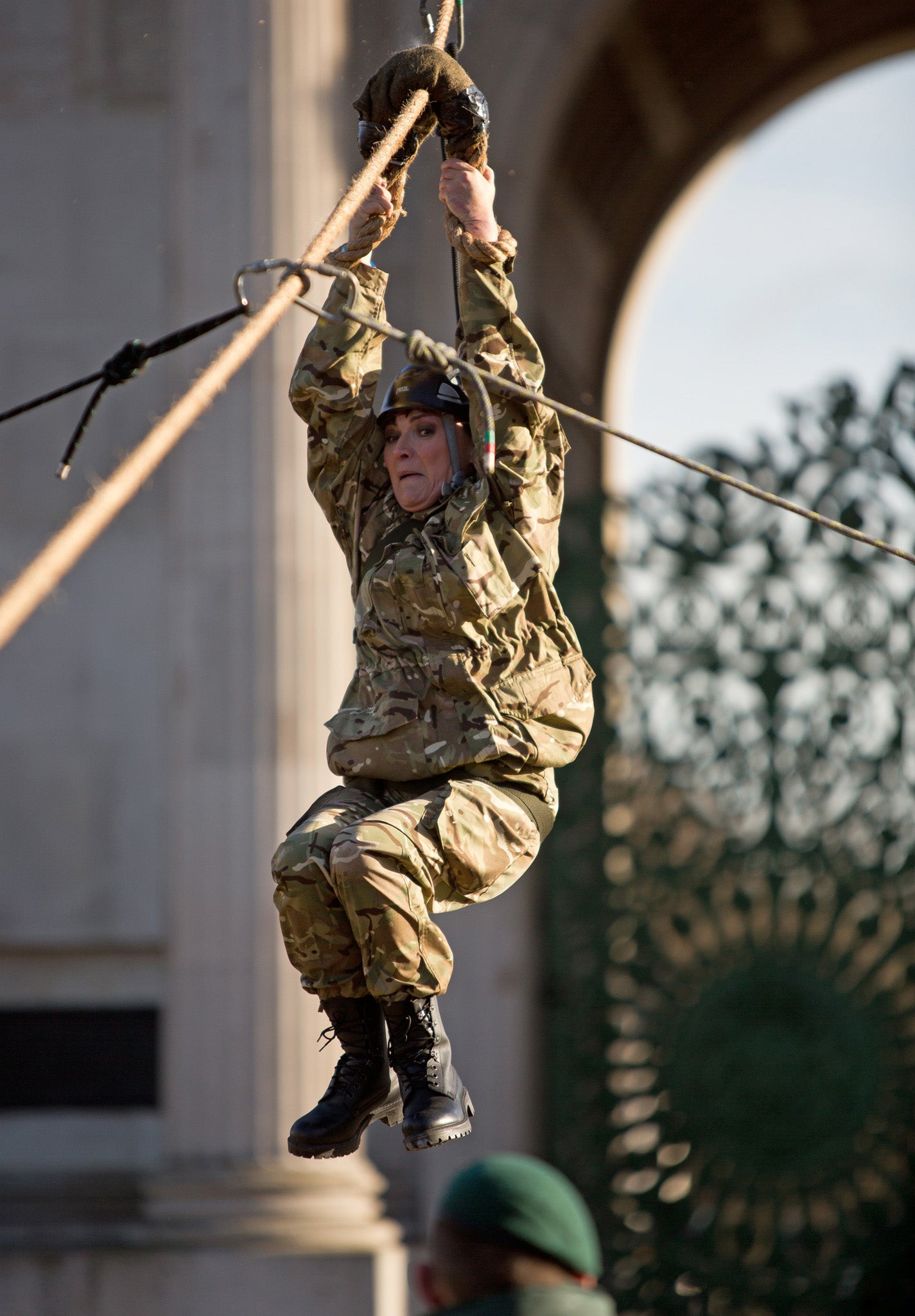 Presenter Lorraine Kelly descends the zip line toward the Royal Marine saftey crew from Wellington Arch in Central London, to launch the annual Christmas Box campaign for the Armed Forces, run by the charity uk4u Thanks!