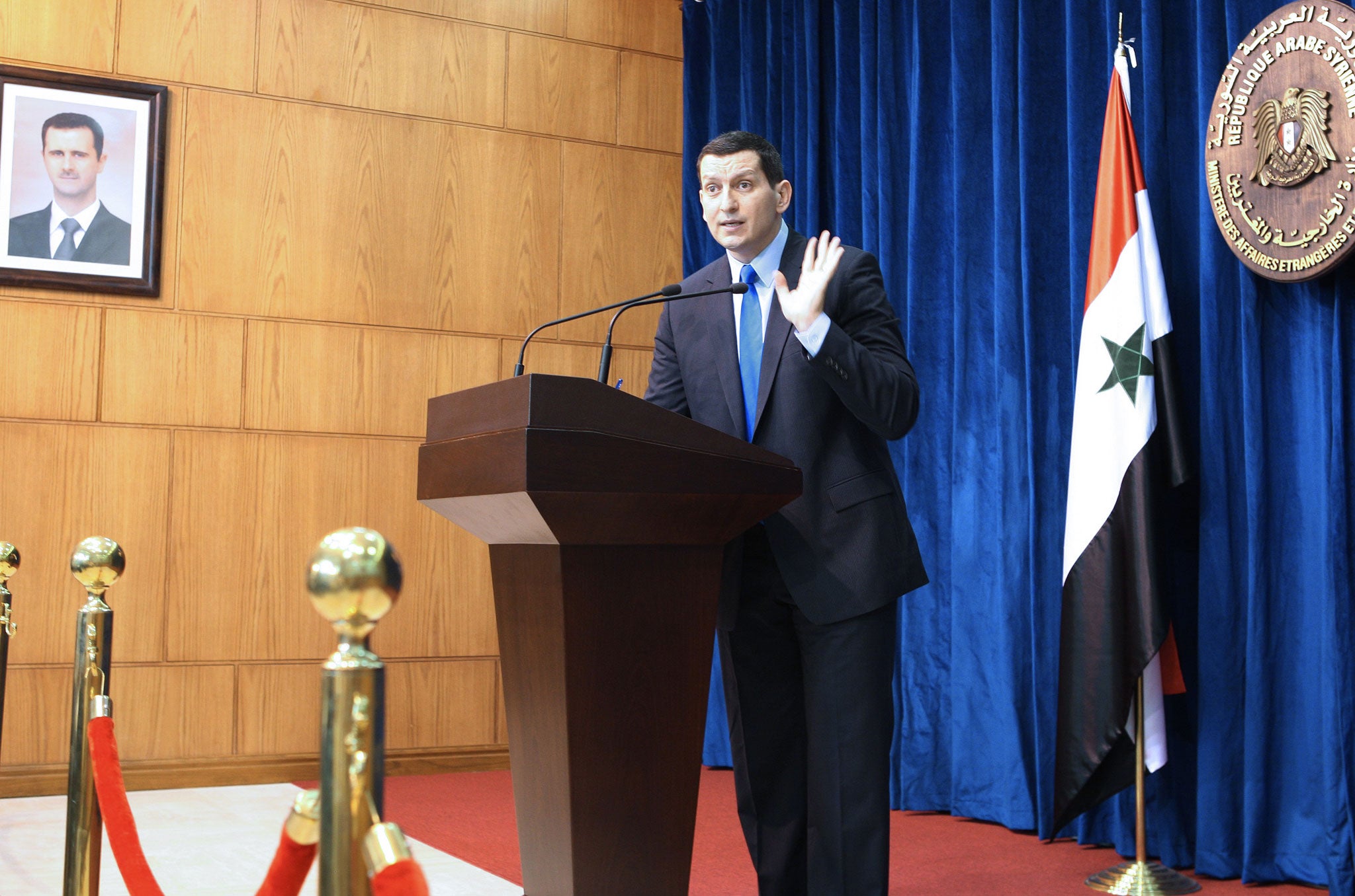 Syrian foreign ministry spokesman Jihad al-Makdissi addresses journalists in Damascus on May 27, 2012, stressing that the Syrian government was 'not at all' responsible for the massacre of at least 92 people in the central town of Houla which has sparked an international outcry.