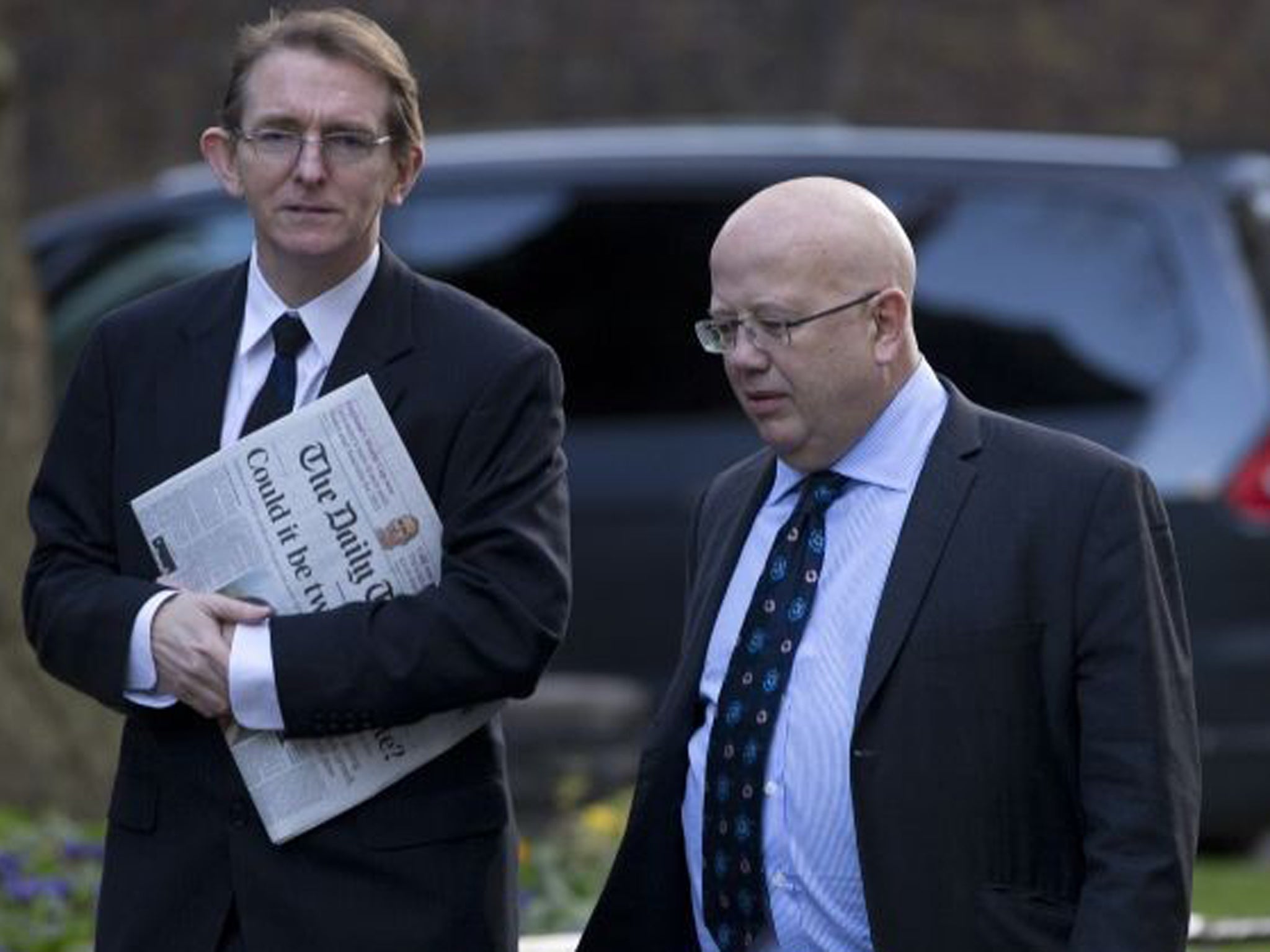 Editor of The Independent Chris Blackhurst, right, arrives for the meeting with other newspaper editors and David Cameron alongside Telegraph editor Tony Gallagher