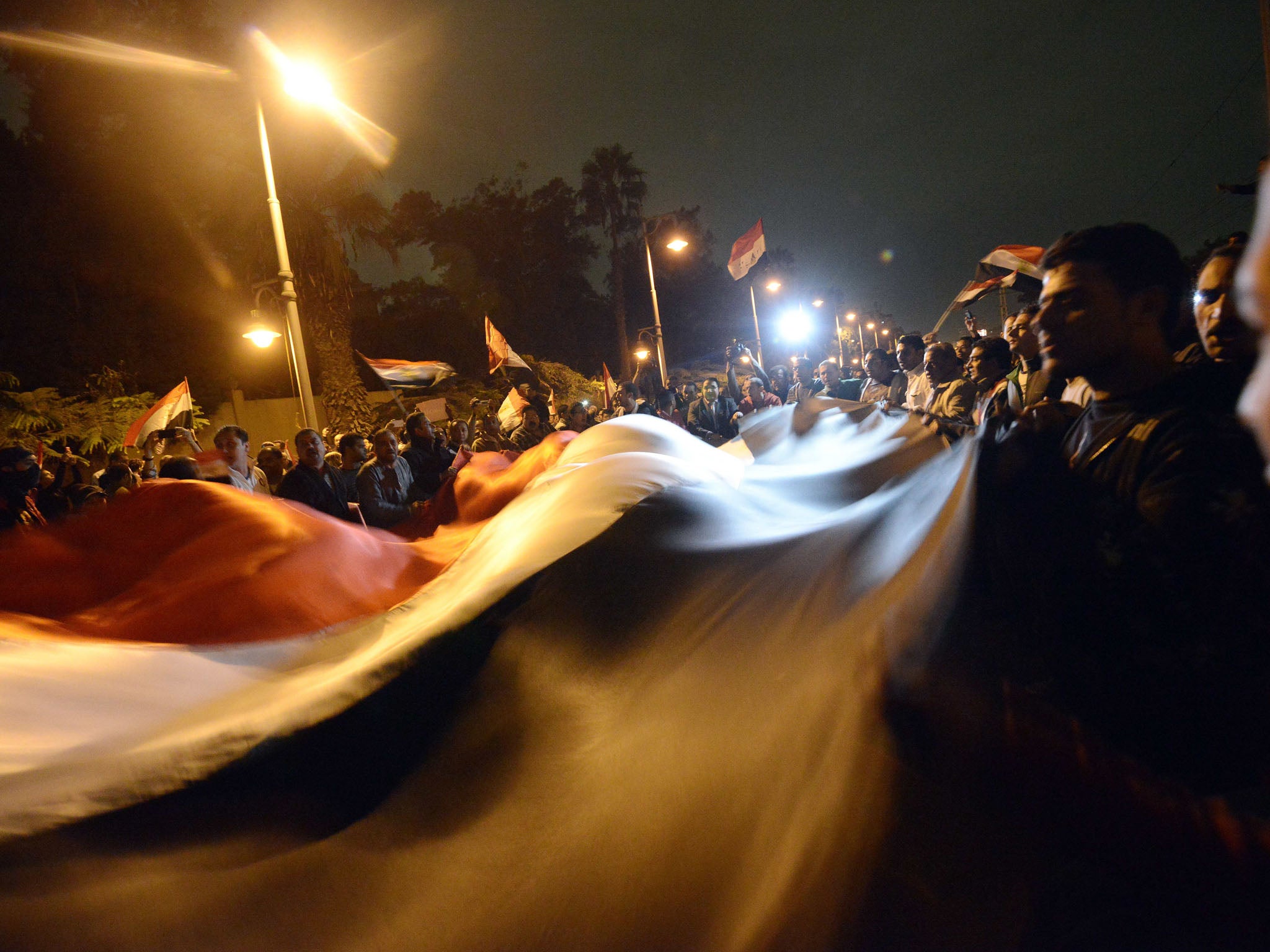 Protesters unfurl a flag as they march on the presidential palace