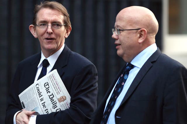 Editor of The Independent Chris Blackhurst, right, arrives for Tuesday's meeting with other newspaper editors and David Cameron alongside Telegraph editor Tony Gallagher