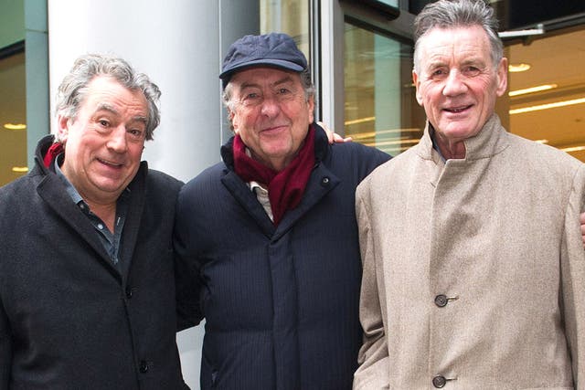 Terry Jones, Eric Idle and Michael Palin outside the High Court