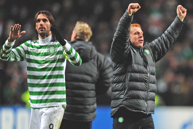 Celtic's Giorgos Samaras and manager Neil Lennon celebrate at the final whistle