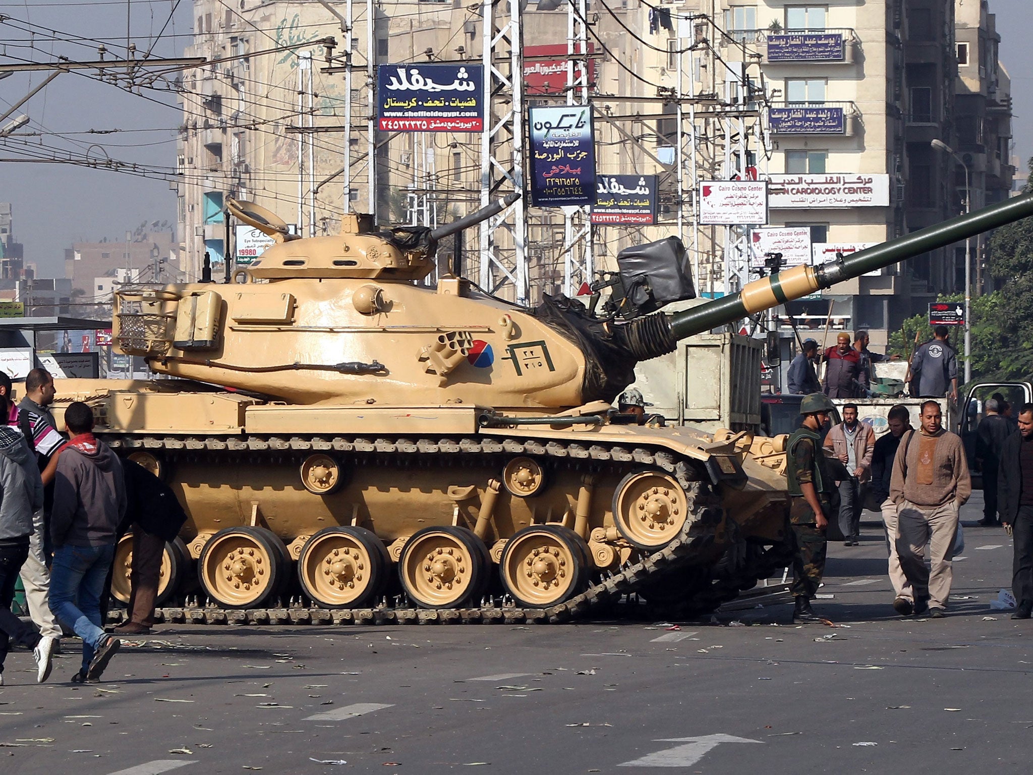An Egyptian army tank near the presidential palace yesterday