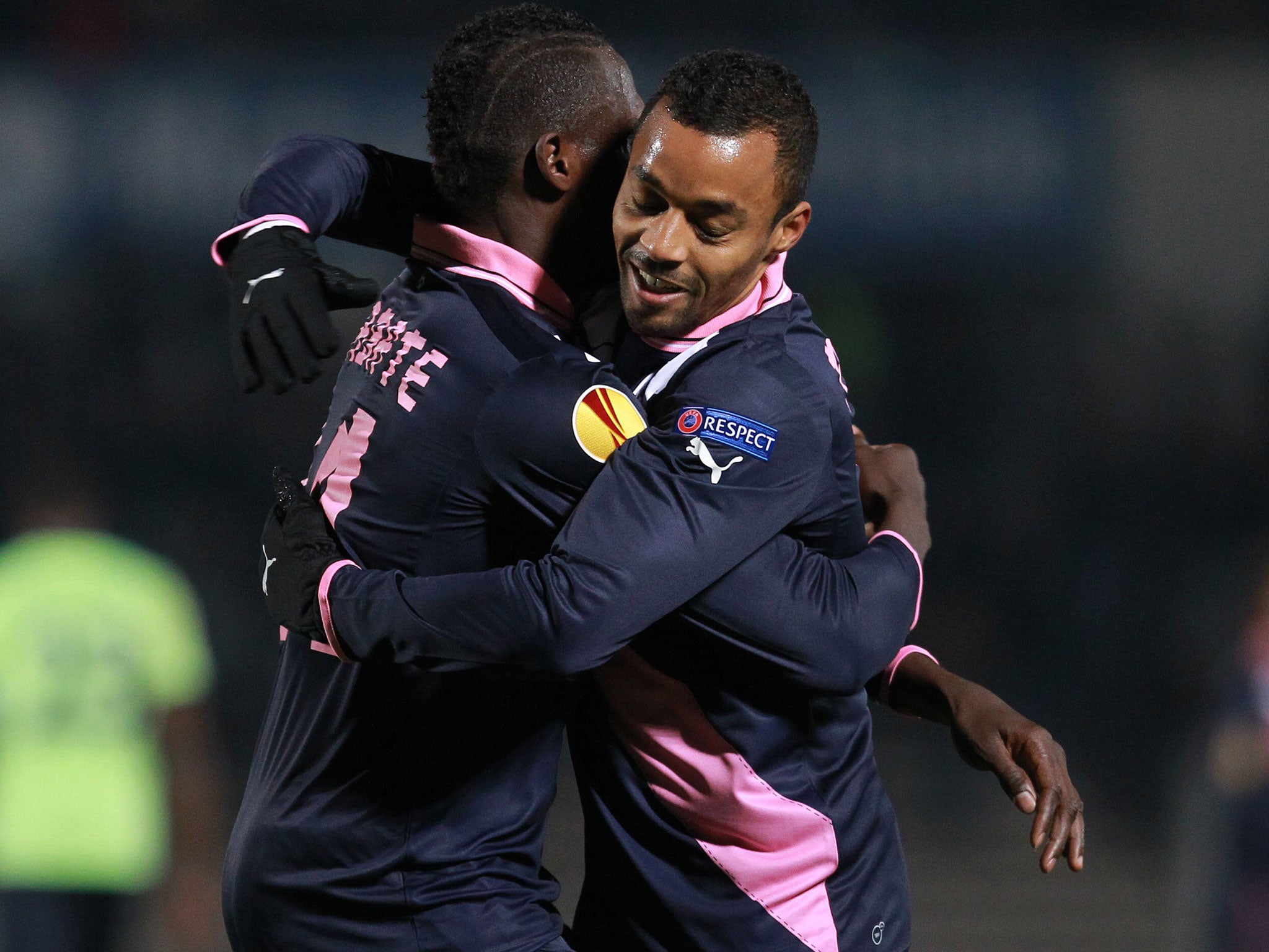 Bordeaux's Cheick Diabate centre left, celebrates with David Bellion, after scoring against Newcastle United