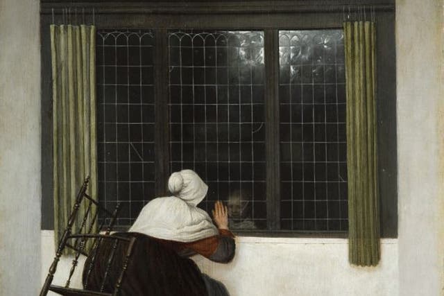 Woman at a Window, Waving at a Girl c1650, 47.5cm x 39.2cm by Jacobus Vrel