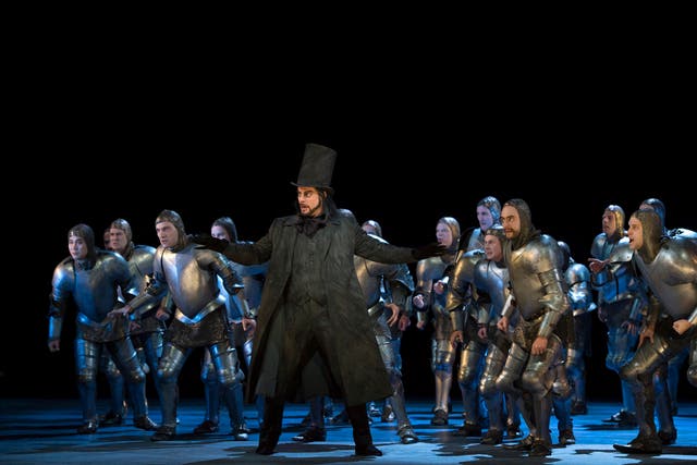 Canadian bass-baritone John Relyea singing the role of Bertram in ROH's production of Giacomo Meyerbeer's rarely-performed grand opera Robert le Diable in London December 06, 2012.