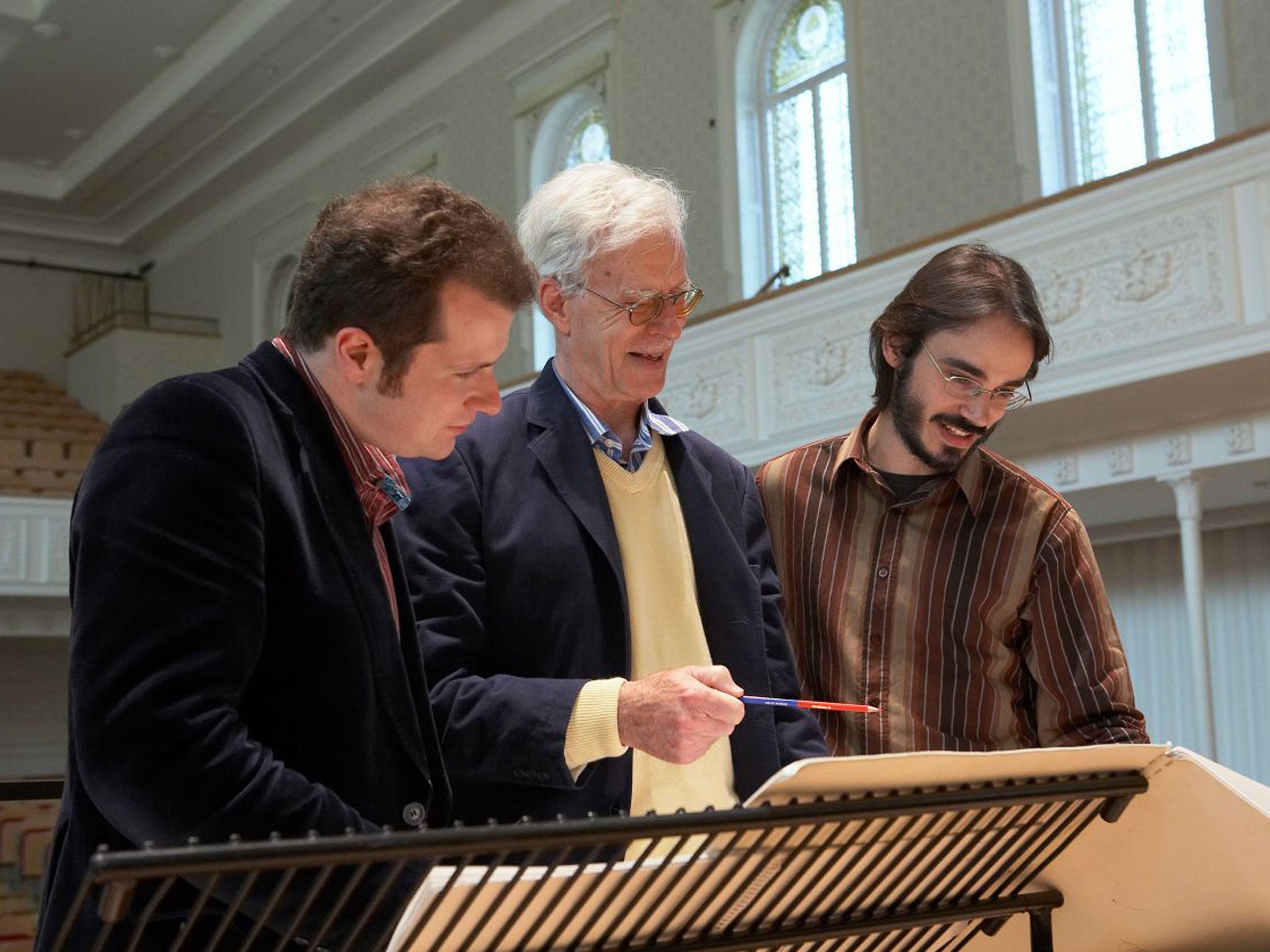 Collaborator: Harvey, centre, with the conductors Ilan Volkov, left, and Stefan Solyom