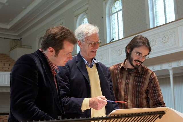 Collaborator: Harvey, centre, with the conductors Ilan Volkov, left, and Stefan Solyom 